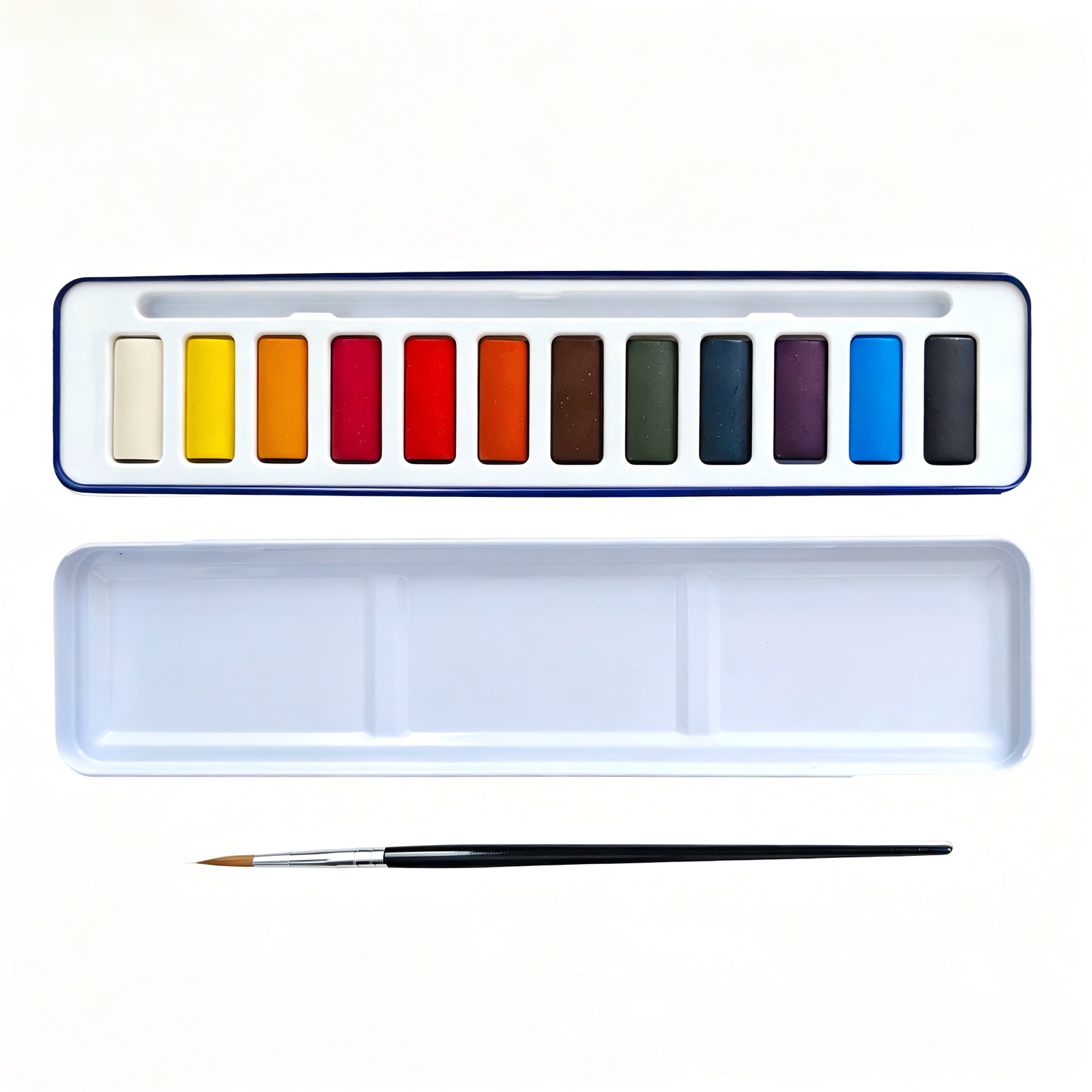 Aspen Grove 12 watercolor set — open navy tin with mixing palette and brush