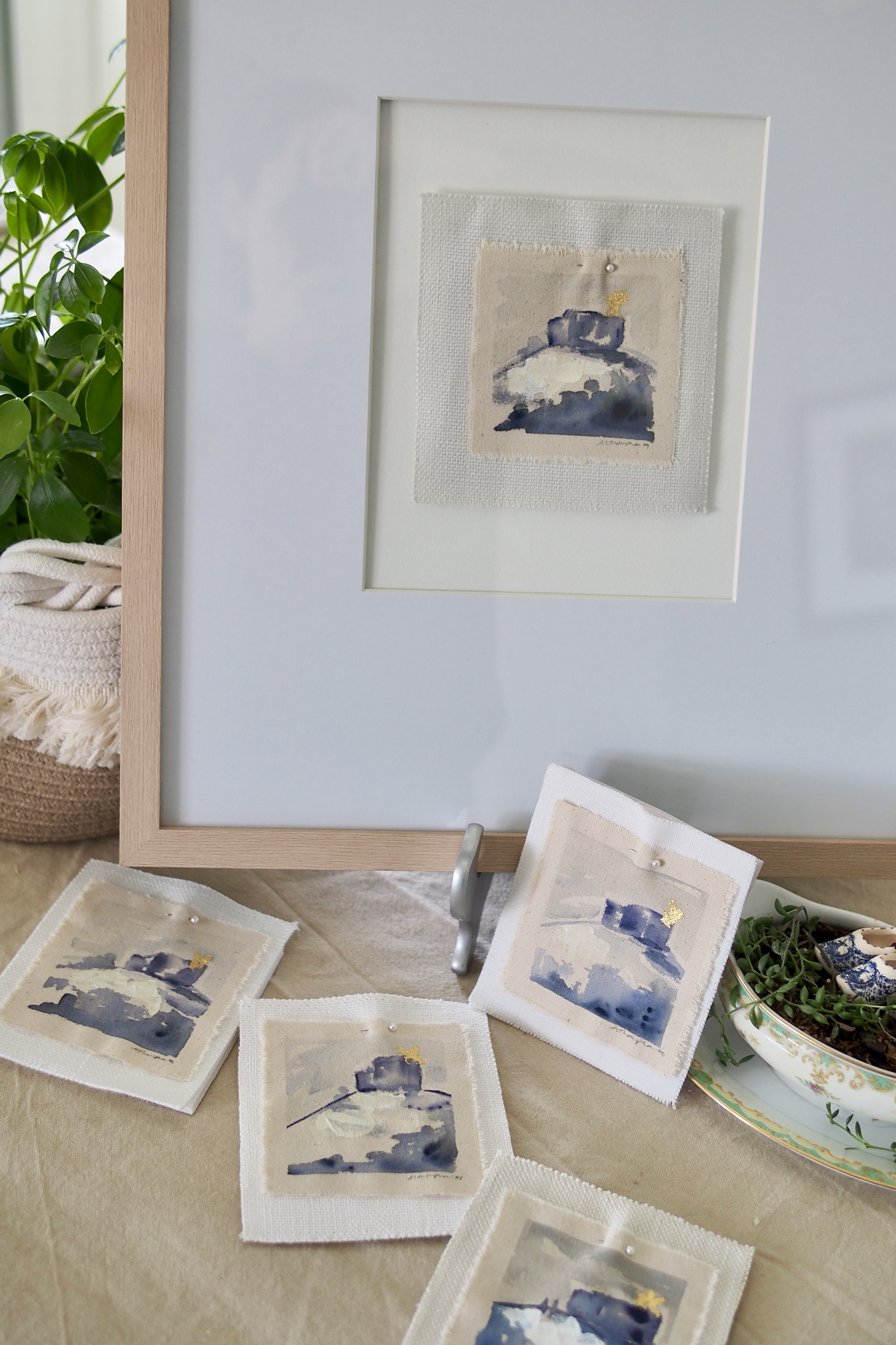Framed original watercolor with 23k gold leaf, styled at home