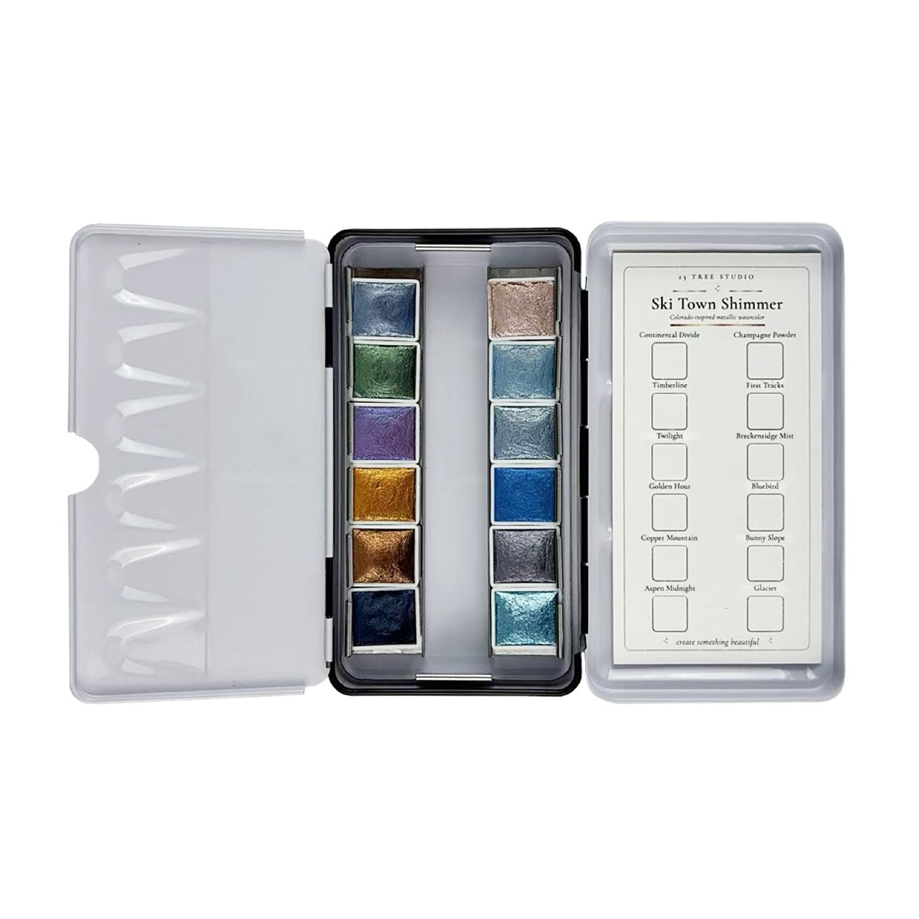 Ski Town Shimmer — 12 Colorado-inspired metallic watercolors in a travel case with hand-swatched color card