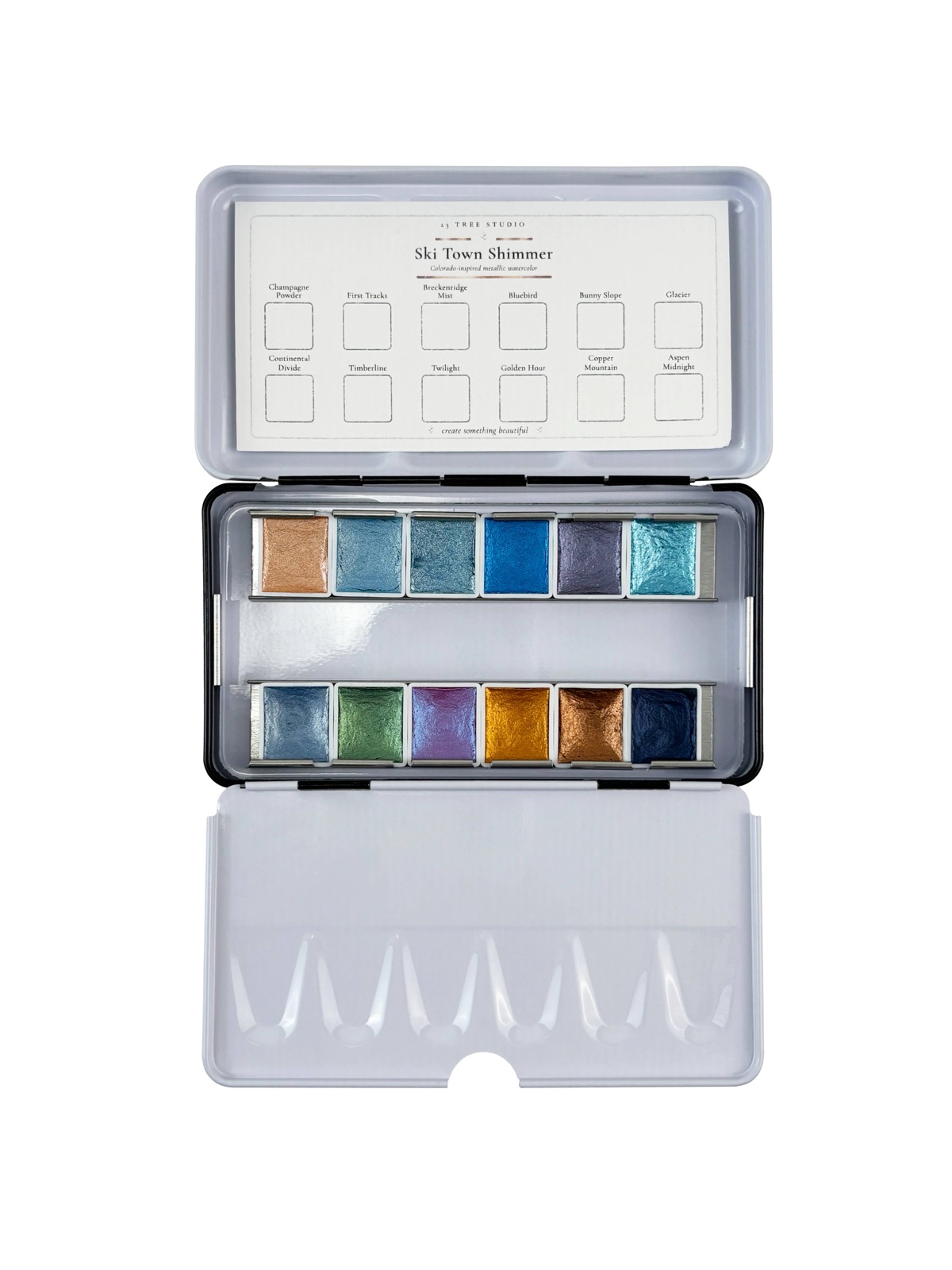 Ski Town Shimmer — 12-color metallic watercolor set, open tin with swatch card