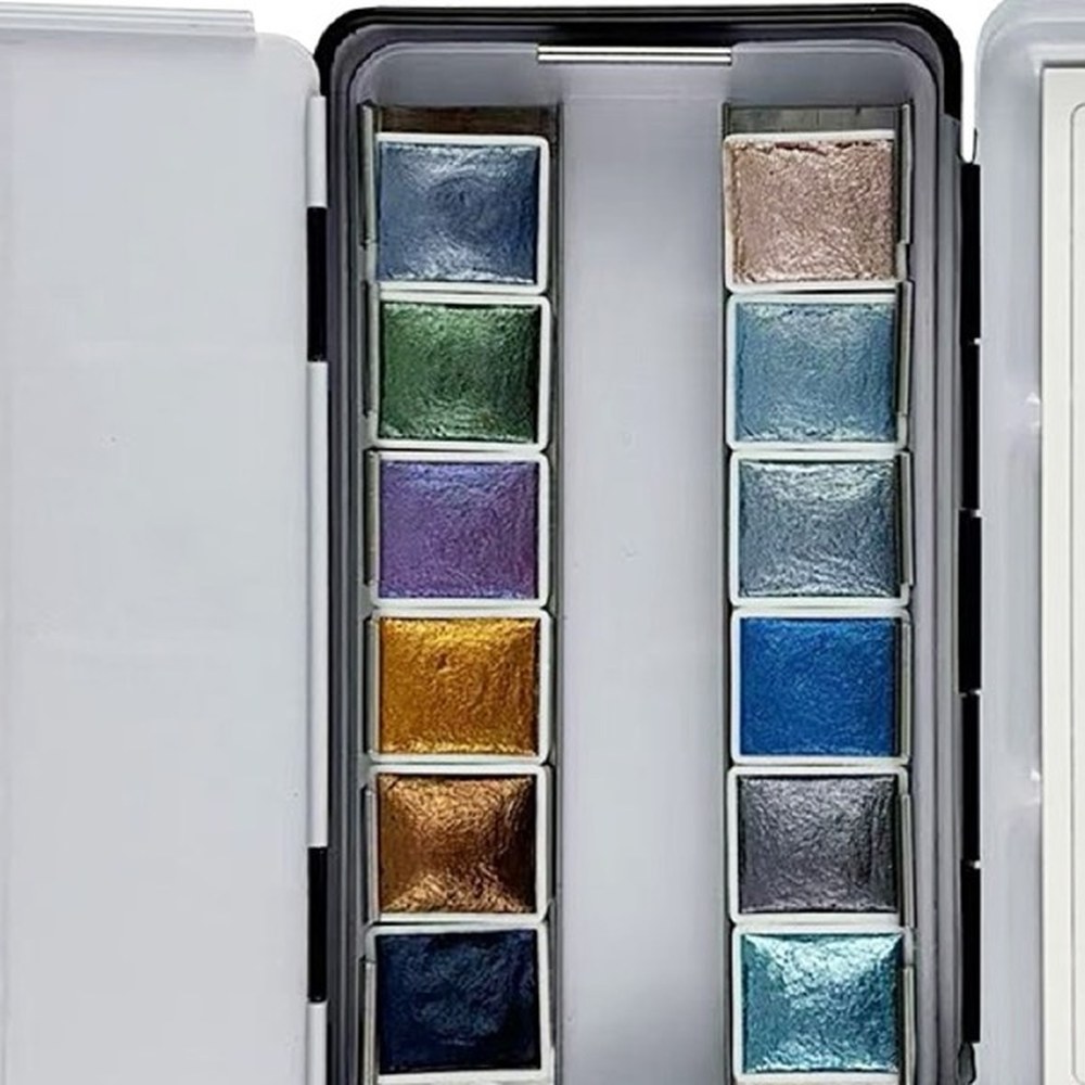 Ski Town Shimmer — 12 metallic watercolor pans in the open travel case
