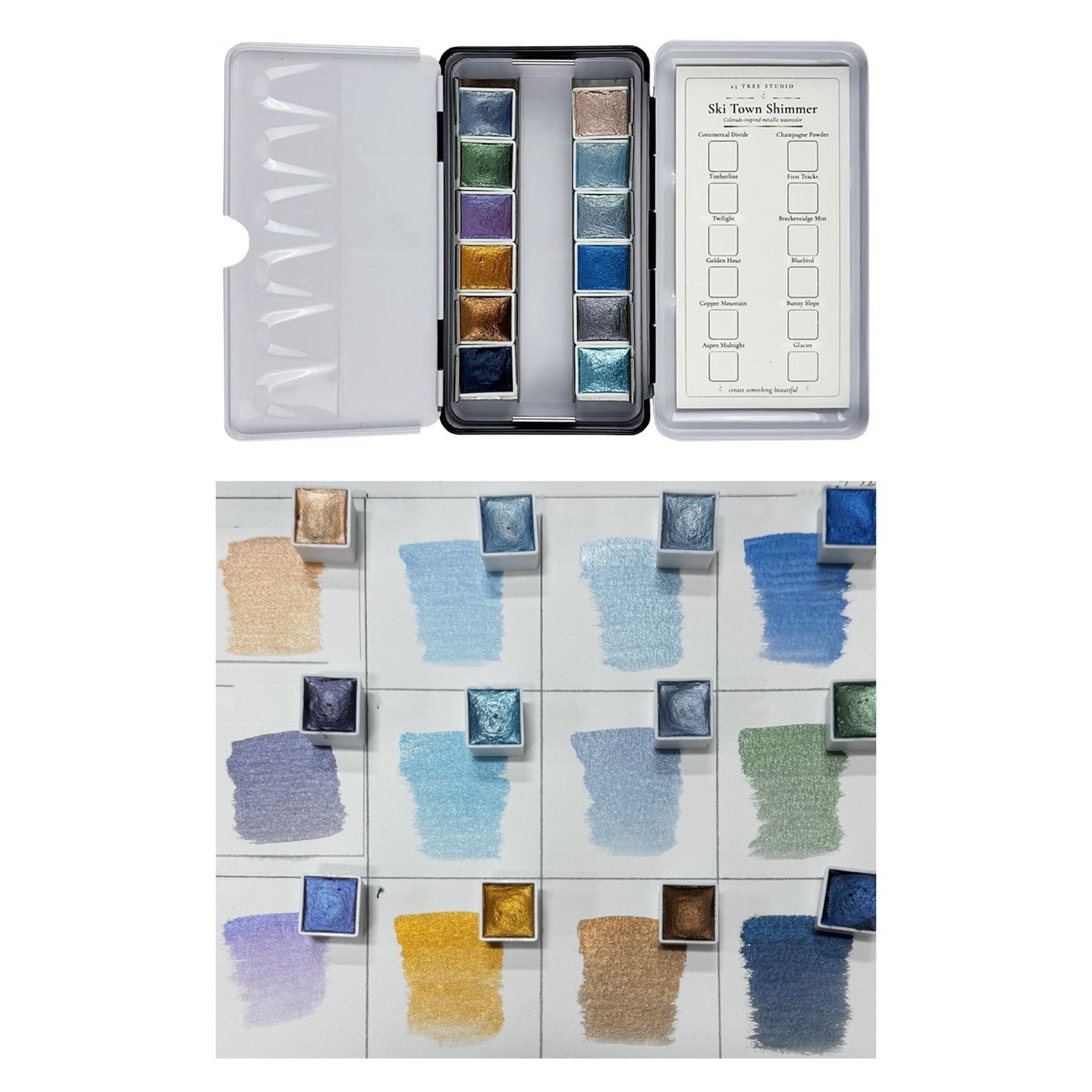 Ski Town Shimmer metallic watercolor set with hand-painted shimmer swatches in mountain blues, golds, and greens