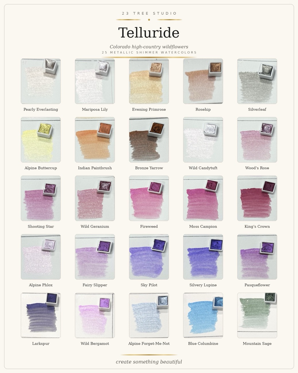 Telluride — 25 metallic shimmer watercolors inspired by Colorado high-country wildflowers, with hand-painted swatches